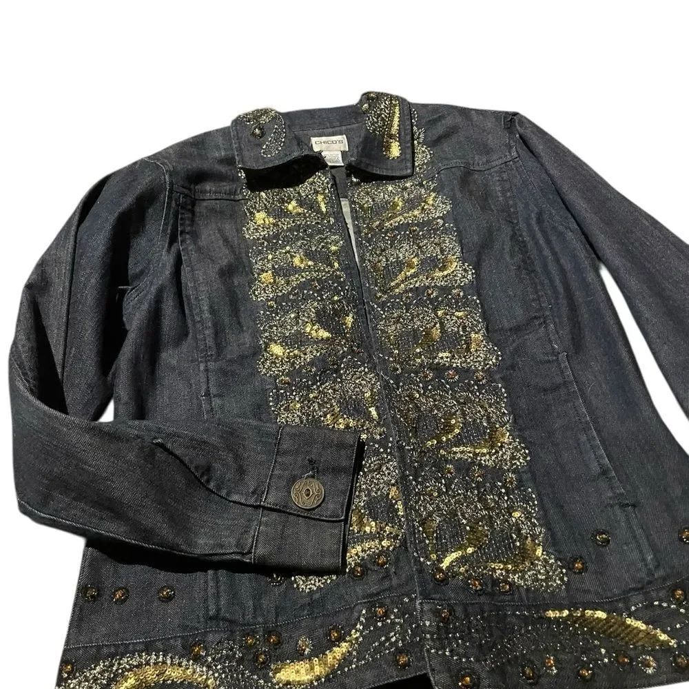 Chicos size small Embellished dark Denim Jacket with Gold Sequin Detail perfect